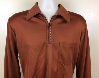 Vtg 70s Lahmar Long Sleeve Quarter Zip Shirt Brown M Made In USA