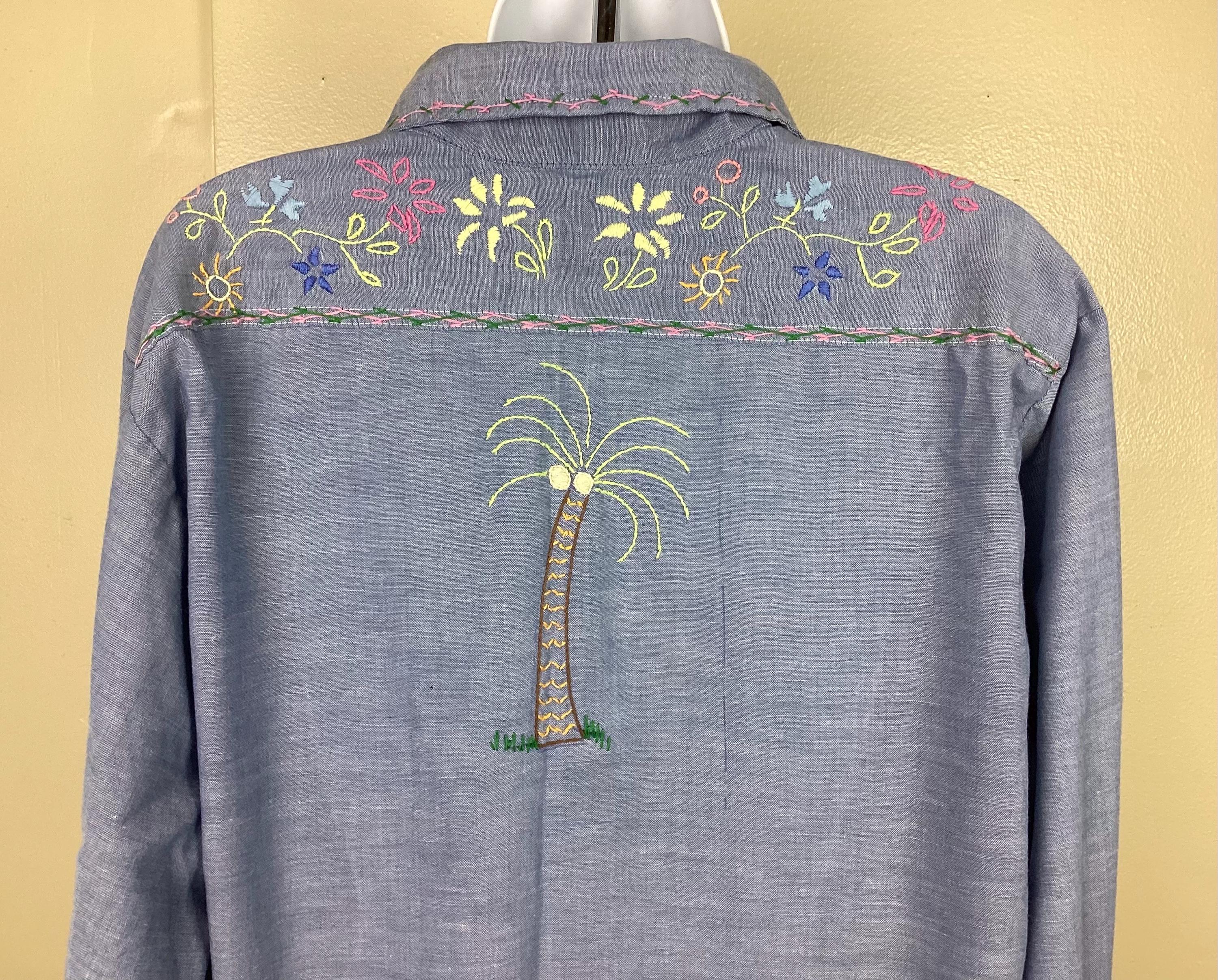 Vtg 70s JC Penney Big Mac Embroidered Chambray Shirt Blue L