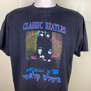 Vtg 90s Beatles Hebrew T-shirt Black XL Israel Classic Rock Band