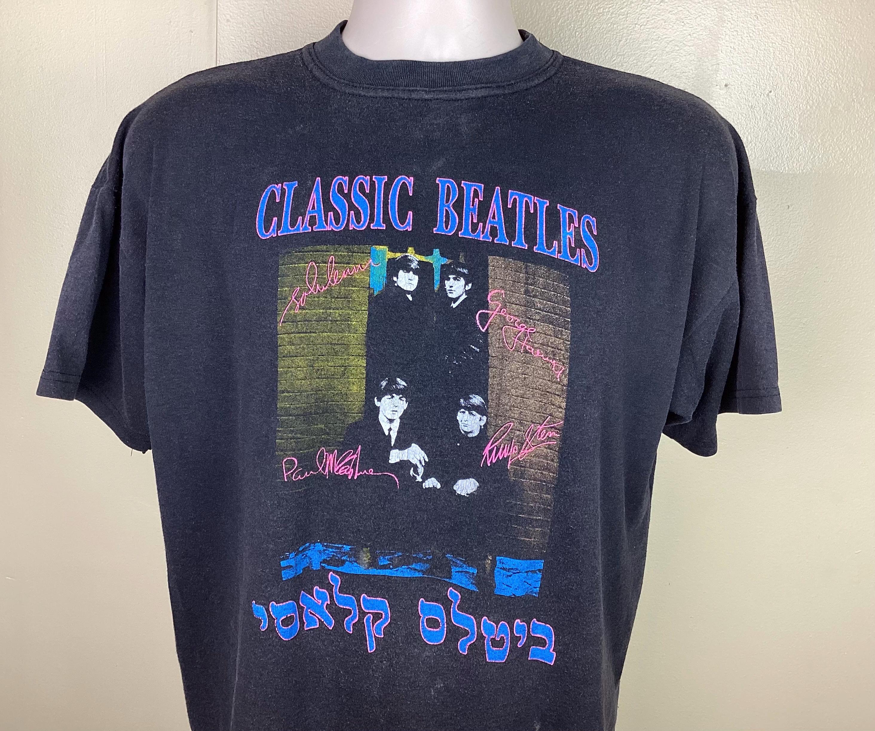 Vtg 90s Beatles Hebrew T-shirt Black XL Israel Classic Rock Band
