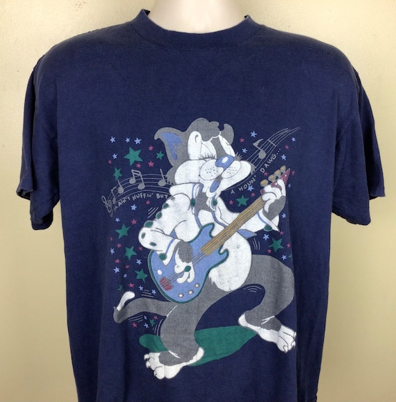 Vtg 80s 90s Rockabilly Cat T-shirt Blue L/XL Elvis Presley Rock 