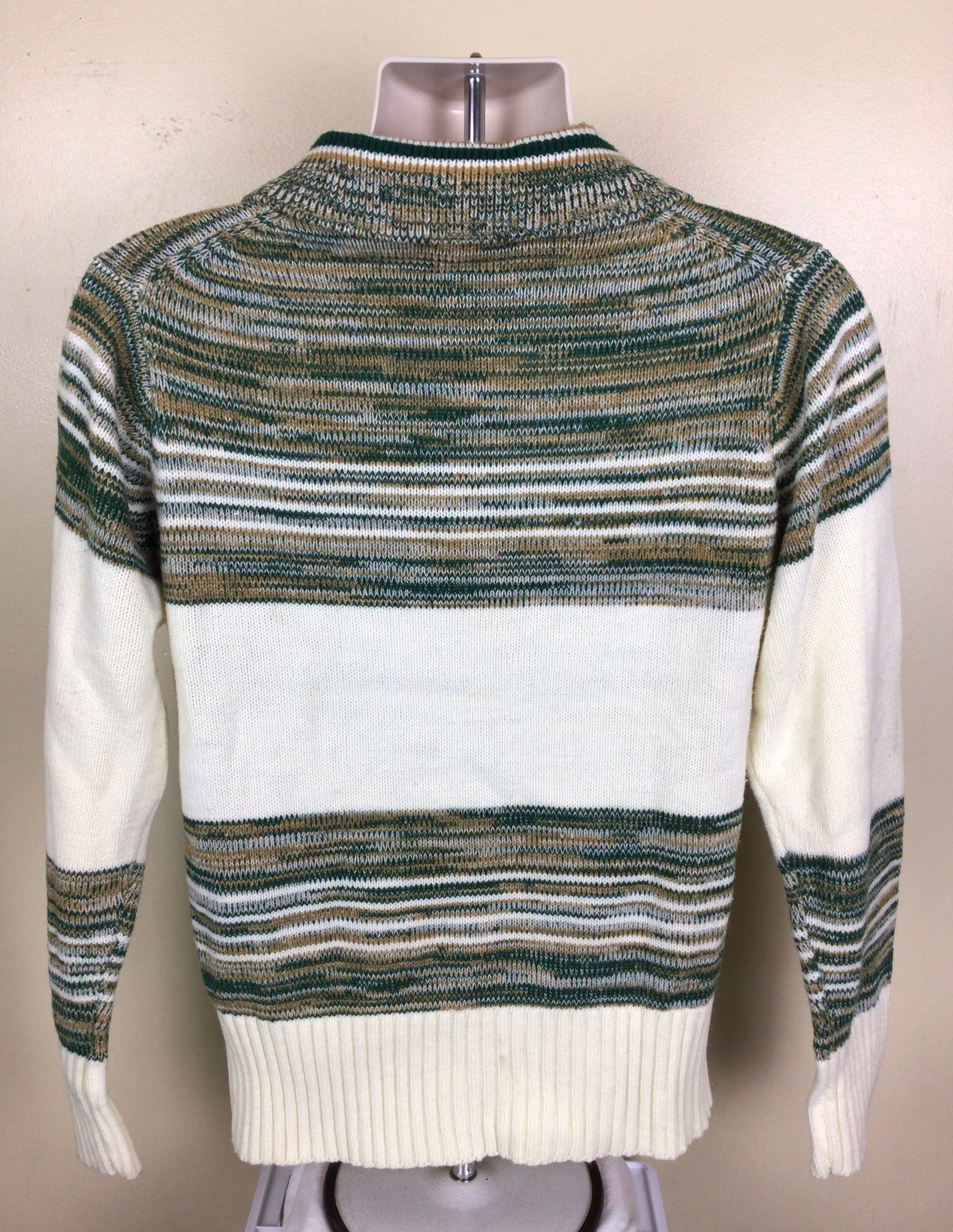 Vtg 70s JC Penney V-neck Collar Sweater Green Ivory M Ski Acrylic 