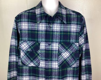 Vtg 70er 80er Jahre Pendleton Board Shirt Blau Grün L Loop Kragen Karo Flanell Made In USA Langarm Button Down