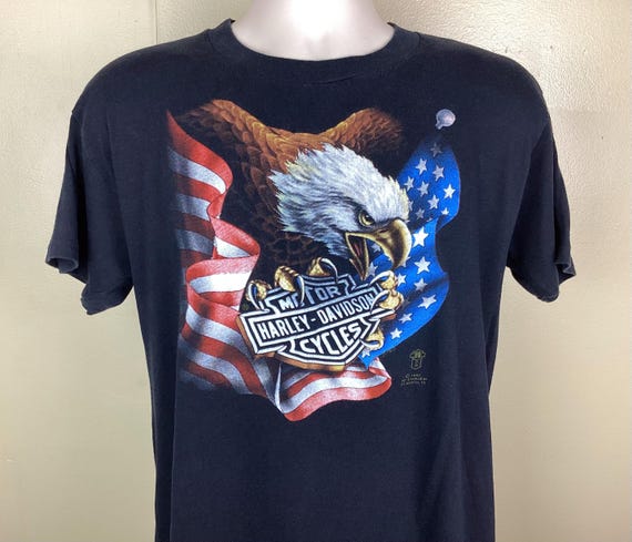 Vintage 1987 3D Emblem Harley Davidson T-shirt Black L/XL 80s Bald
