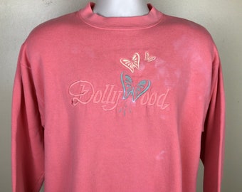 Vtg 90s Dollywood Embroidered Crewneck Sweatshirt Pink L Dolly Parton Made In USA