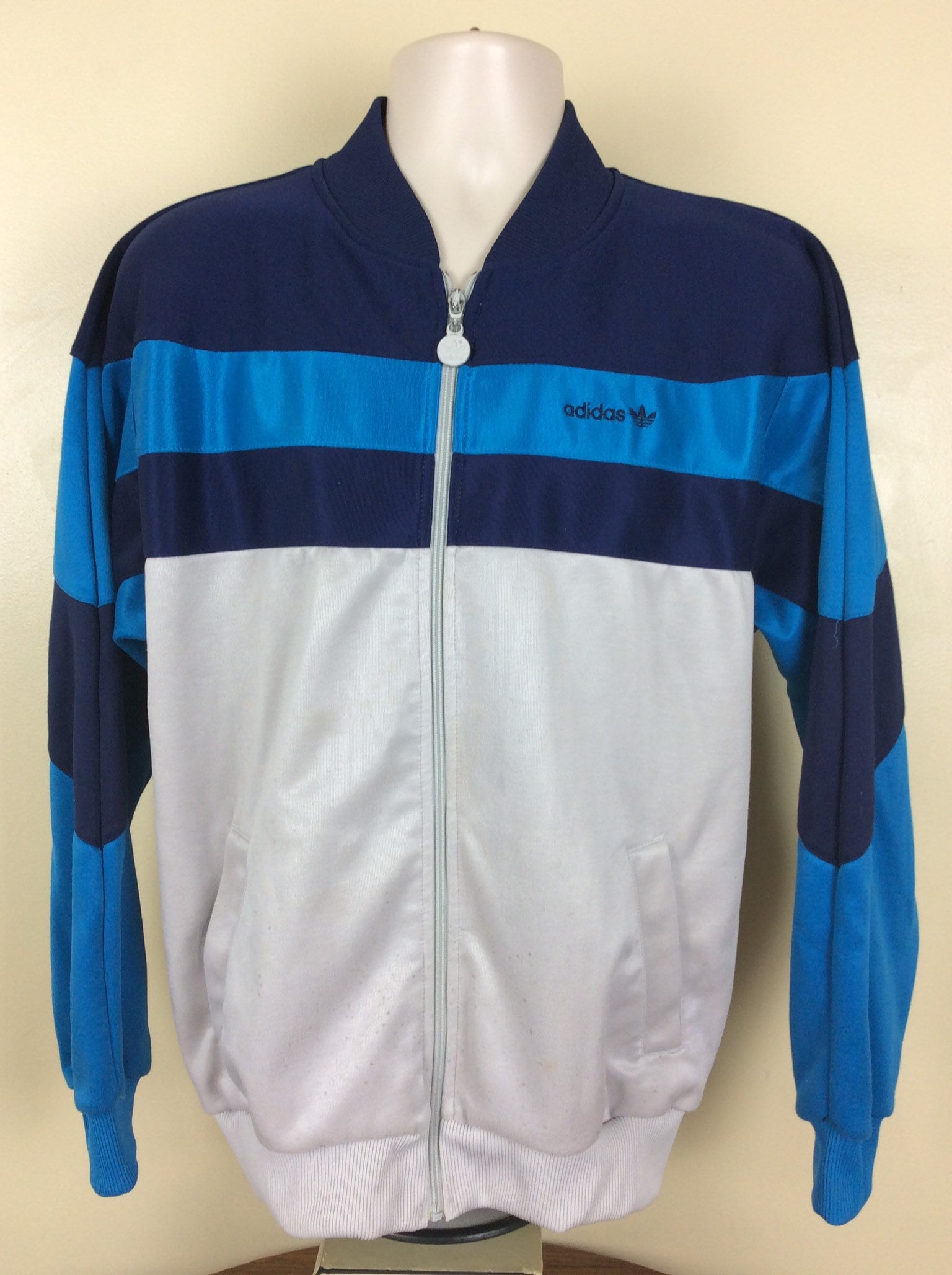 Vtg 80s 90s Adidas Track Jacket Blue Gray L/XL Trefoil Logo