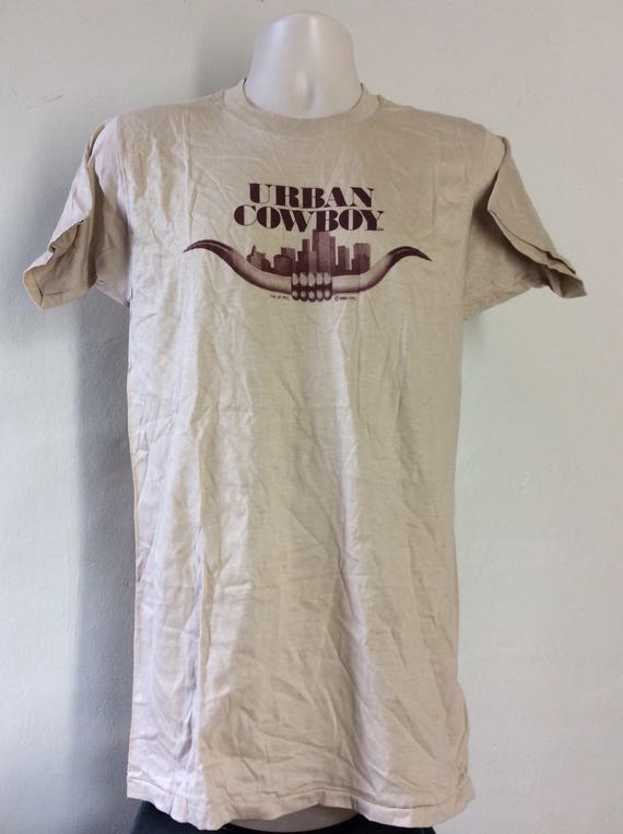 Vtg 1980 Urban Cowboy T-Shirt Beige 80s John Travo