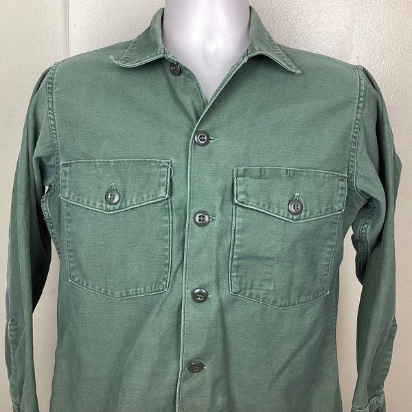 Vtg 60s 70s US Army Og 107 Sateen Shirt Olive Green XS/S Button Down Uniform Vietnam War Era
