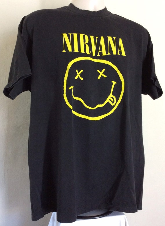 Vtg Early 90s Nirvana Smiley Face T-Shirt Black X… - image 5