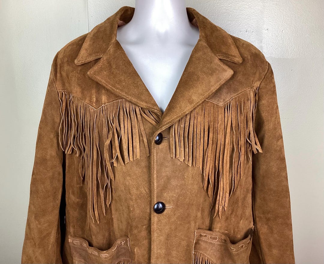 Vintage Pioneer Wear Suede Leather Fringe Jacket Size 46 Men Brown