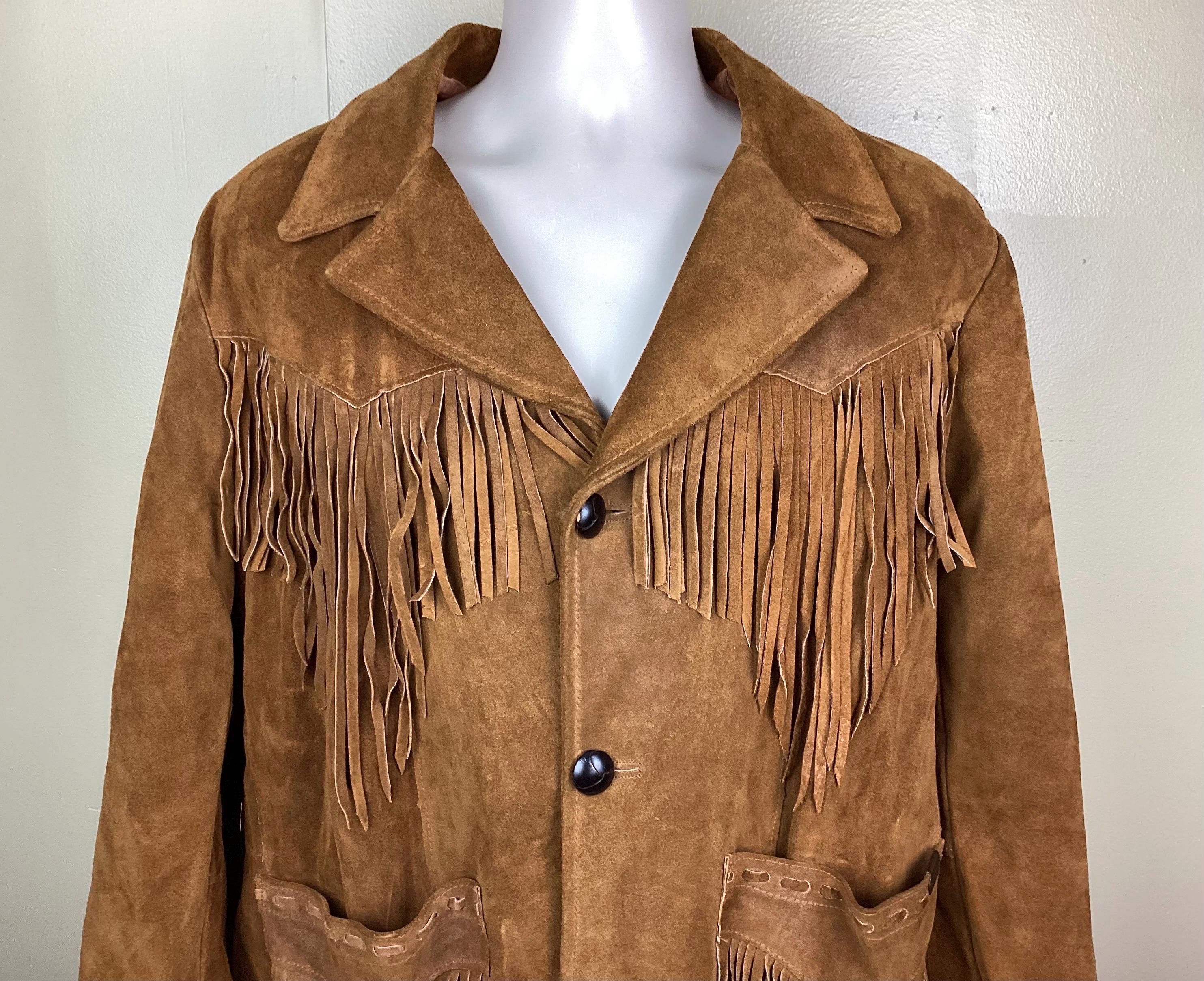 Vintage Pioneer Wear Suede Leather Fringe Jacket Size 46 Men Brown