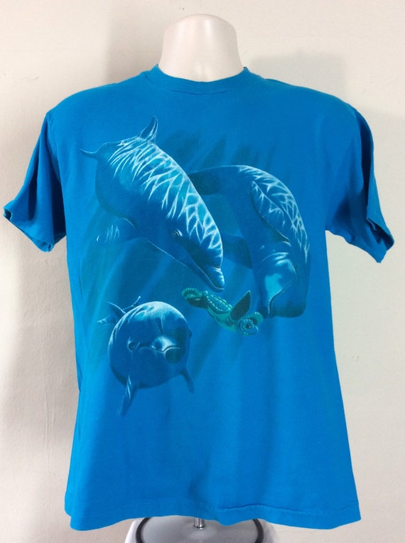Vtg 1992 Dolphins Sea Turtle T-Shirt Turquoise M H