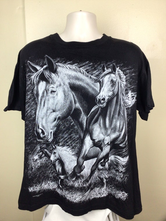 Vtg 90s Double Sided Horses T-Shirt Black XL Anima