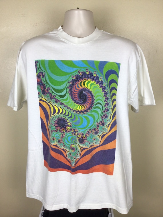 Vtg Early 90s Fractal Art Print T-Shirt White L M… - image 2