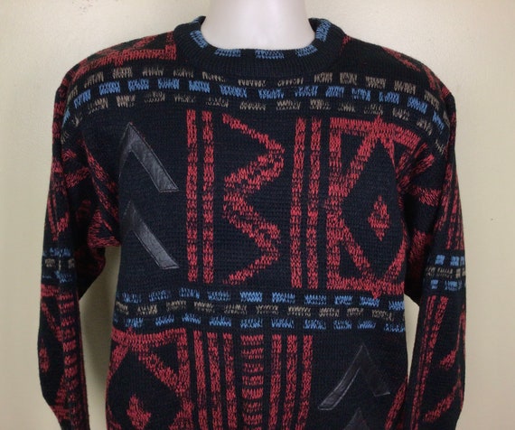 Vtg 90s Abstract Leather Trim Crewneck Sweater Red Black M
