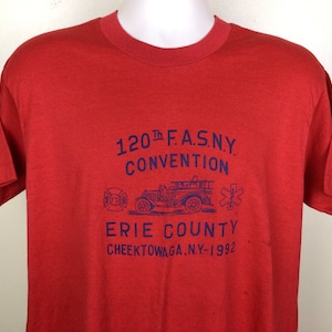 Vtg 1992 F.A.S.N.Y. Firefighters T-Shirt Red XL 90s Screen Stars Cheektowaga Buffalo