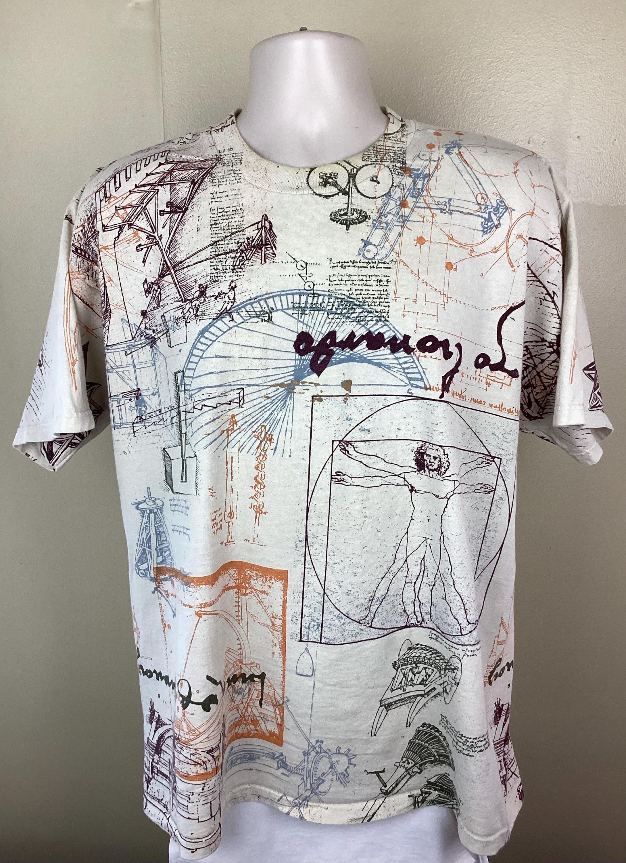 Vtg 90s Leonardo Da Vinci All Over Print T-shirt off White L Beige