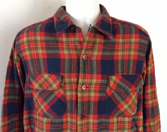 Vtg 70s 80s Pendleton Board Shirt L Red Wool Plaid Flannel Loop Collar