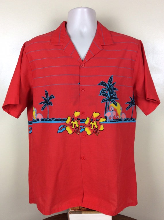 Vtg 80s West Trends Flamingo Sunset Aloha Shirt R… - image 2