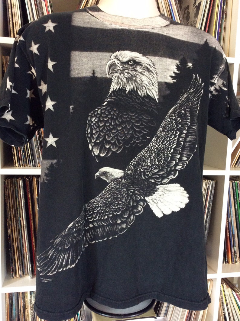 Vtg 90s Art Unlimited American Flag Bald Eagle All Over Print T-Shirt Black M USA