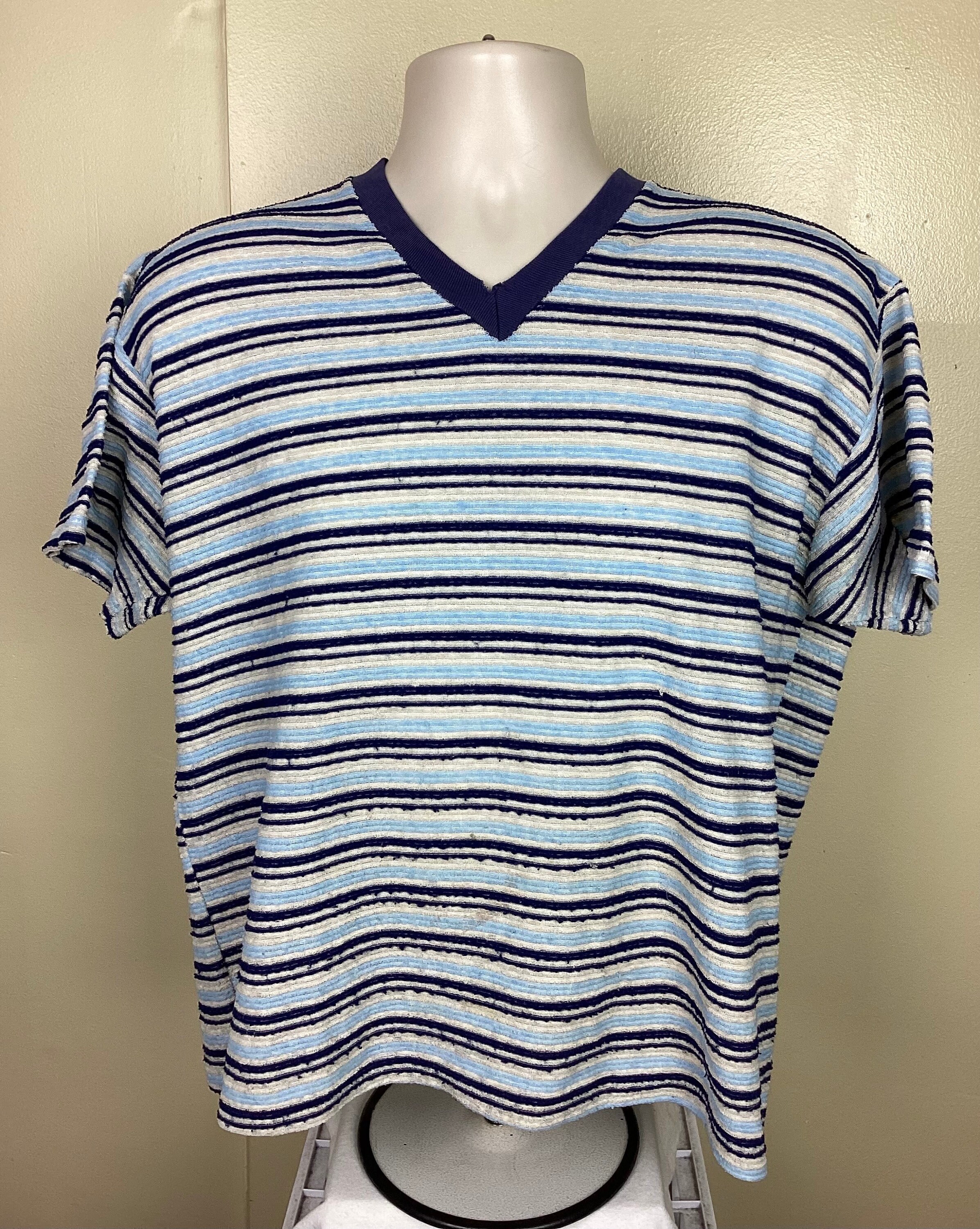 Vtg 70s 80s Sign of the Times Striped V-neck T-shirt Blue L
