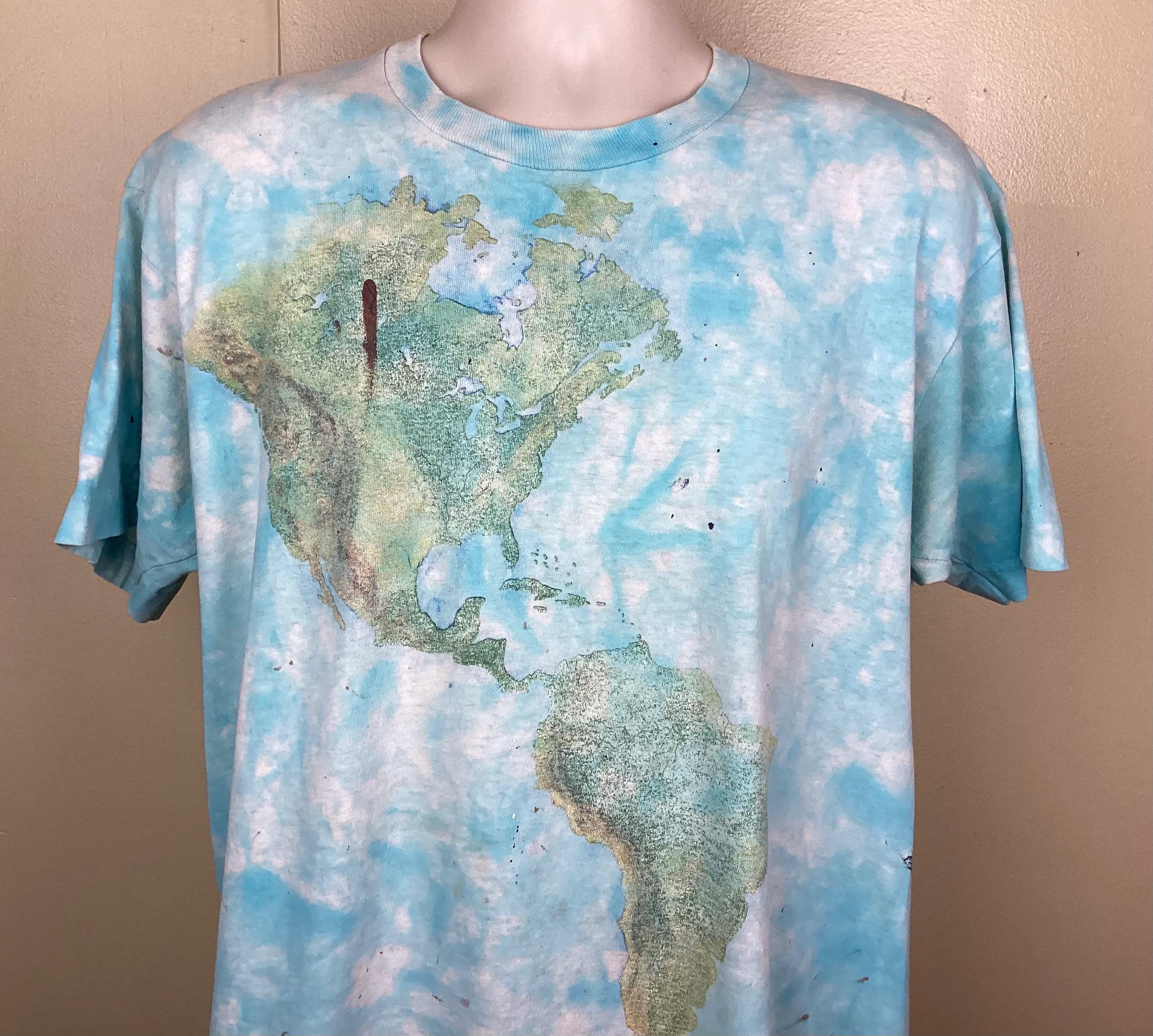 Vtg 90s World Map Tie Dye T-shirt Blue XL Earth All Over Print AOP 