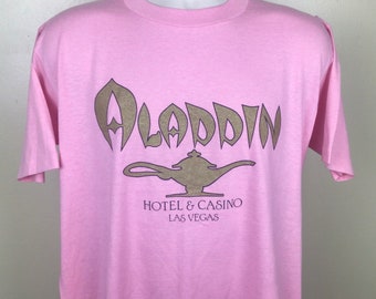 Vtg 80s Aladdin Hotel Casino T-Shirt Pink L Las Vegas Jerzees 50/50 Made In USA