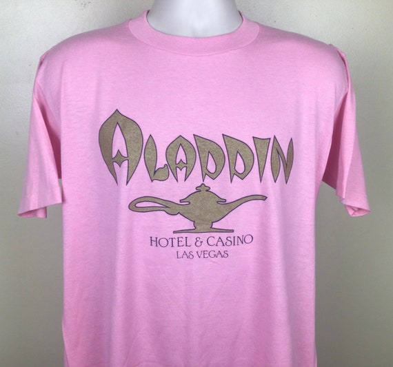 Vtg 80s Aladdin Hotel Casino T-shirt Pink L Las Vegas Jerzees 50 