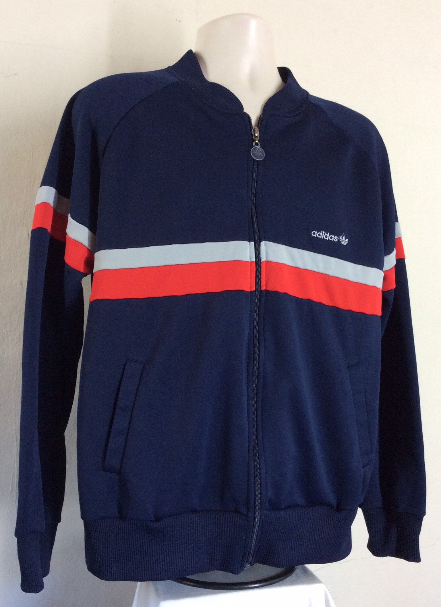 Vtg 80s Adidas Raglan Track Jacket Blue Red L Trefoil