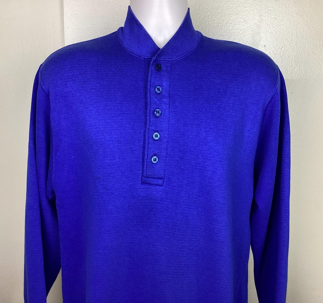 Vtg 80s Champion Plain Blue Henley Collar Sweatshirt L Blank