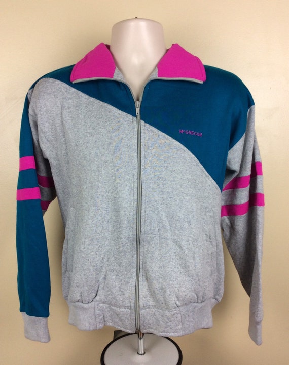 Vtg 80s 90s Mcgregor Sweatshirt Jacket Heather Gray Fuchsia Teal S