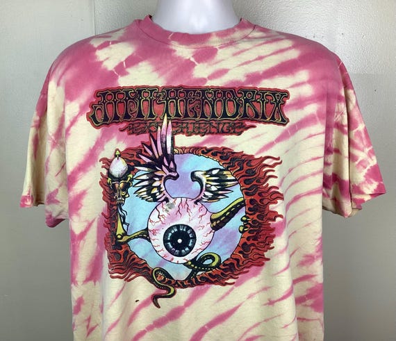 Vtg 90s Jimi Hendrix Experience Flying Eyeball T-shirt Pink Yellow