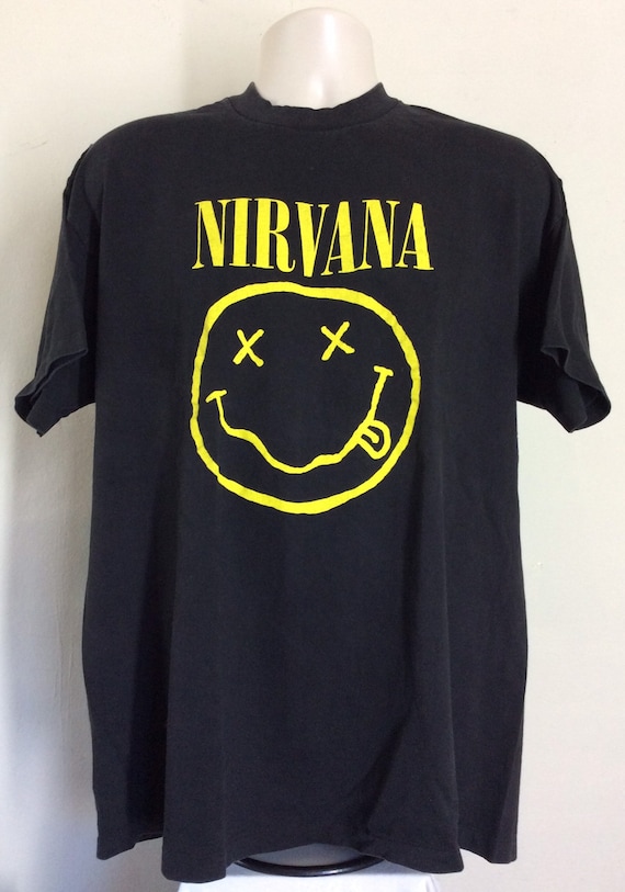 Vtg Early 90s Nirvana Smiley Face T-Shirt Black XL Ku… - Gem