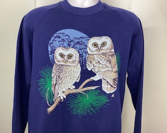 Vtg 80s Owls Raglan Crewneck Sweatshirt Blue L LSJ Animal Nature Bird Wildlife Crew Neck Jerzees