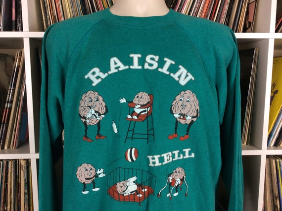 Vtg 1988 Raisin Hell Raglan Sweatshirt Teal L 80s
