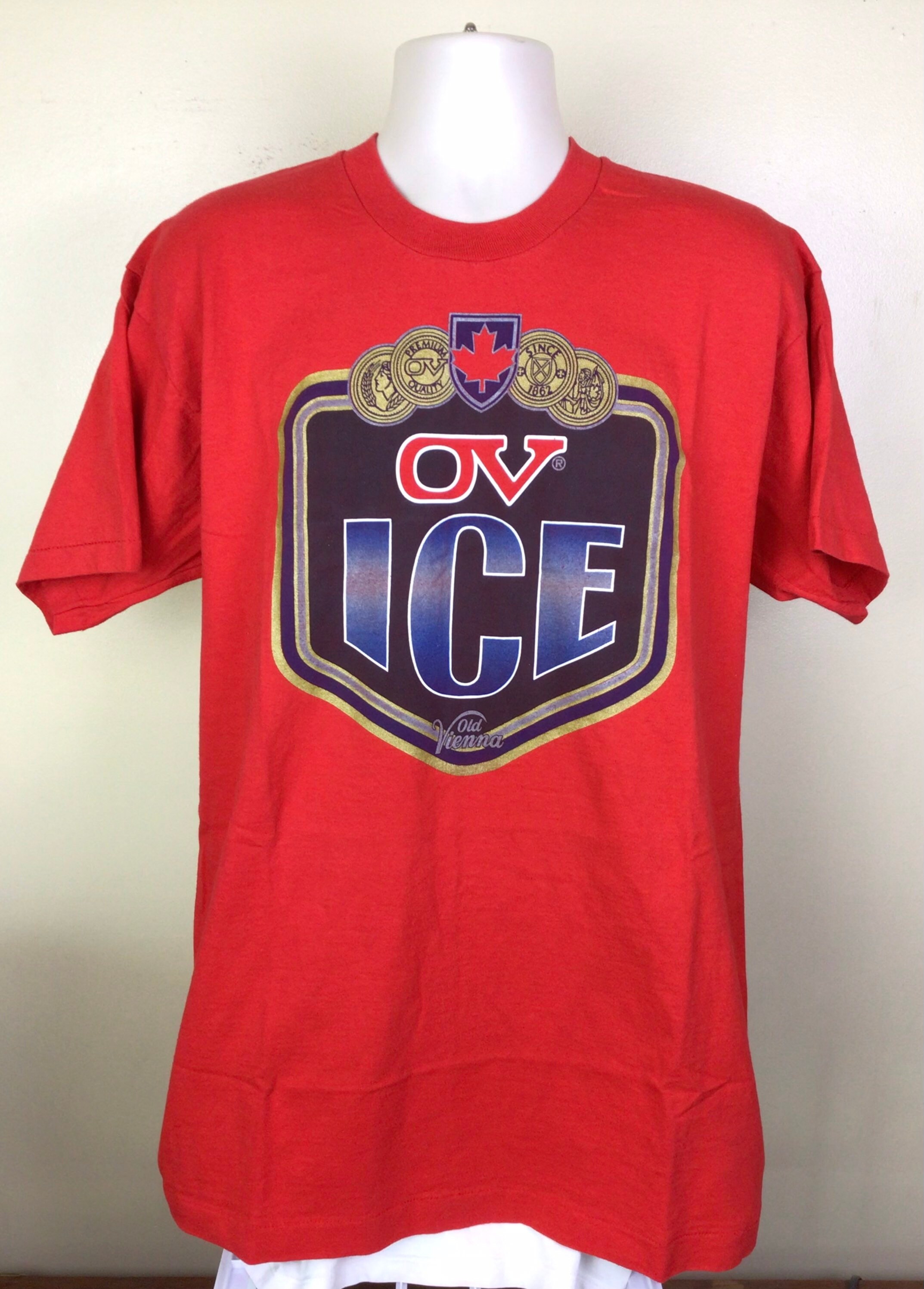 Vtg 90s OV Old Vienna Ice Beer T-shirt Red XL Fruit of the Loom