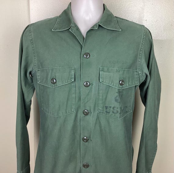Vtg 60s 70s USMC Og 107 Sateen Shirt Olive Green XS/S Button Down