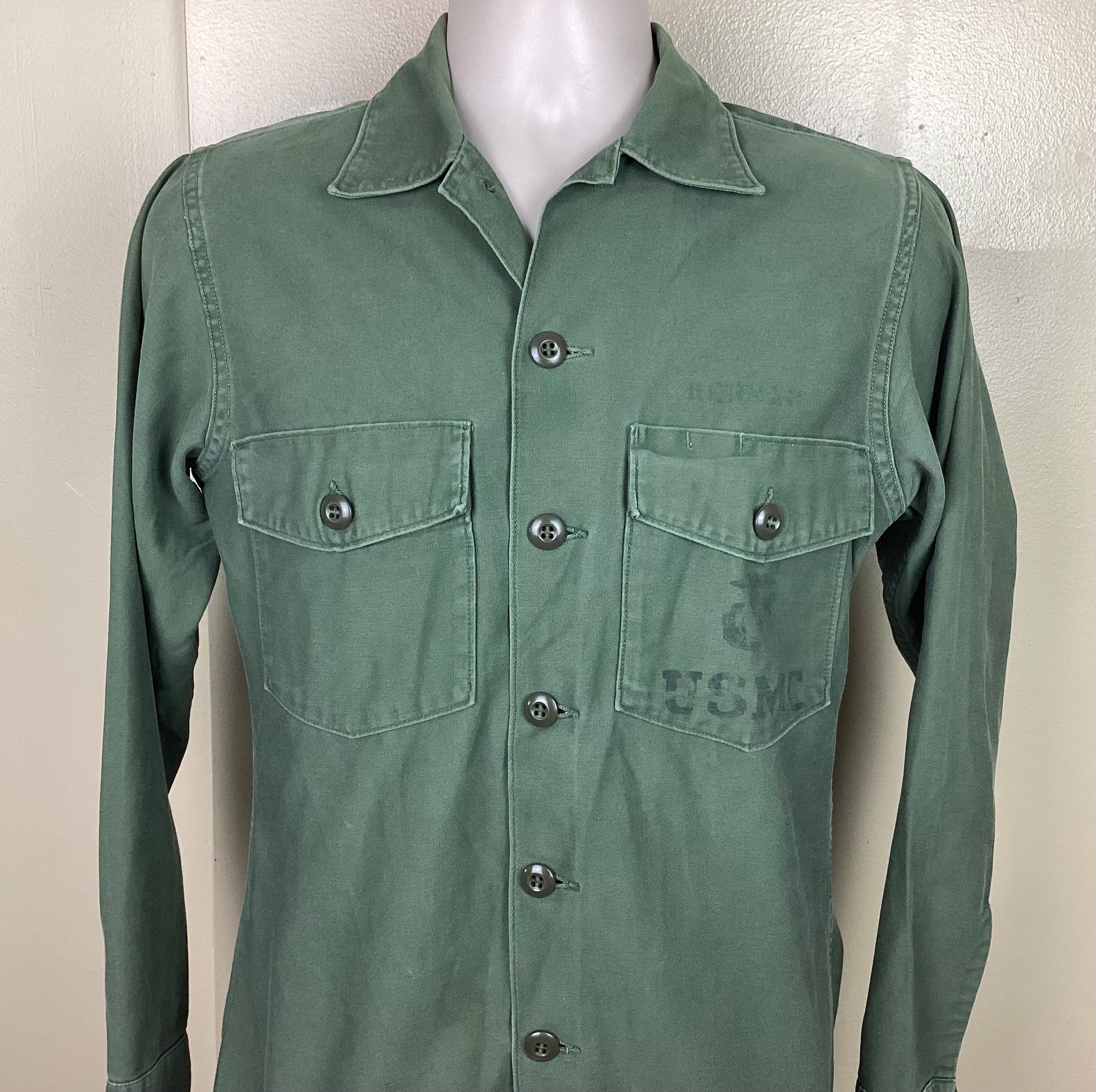 Vtg 60s 70s USMC Og 107 Sateen Shirt Olive Green XS/S Button Down