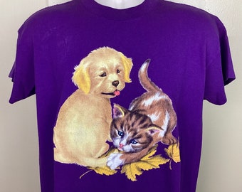 T-shirt cucciolo gattino Vtg anni '90 viola L cane gatto animale domestico natura maniche a punto singolo