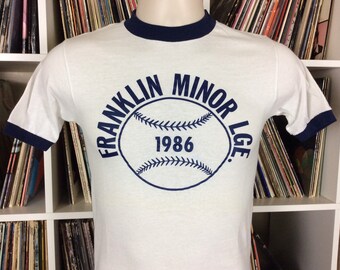 Vtg 1986 Franklin Minor League Jersey Ringer T-Shirt White XXS/XS 80s Baseball