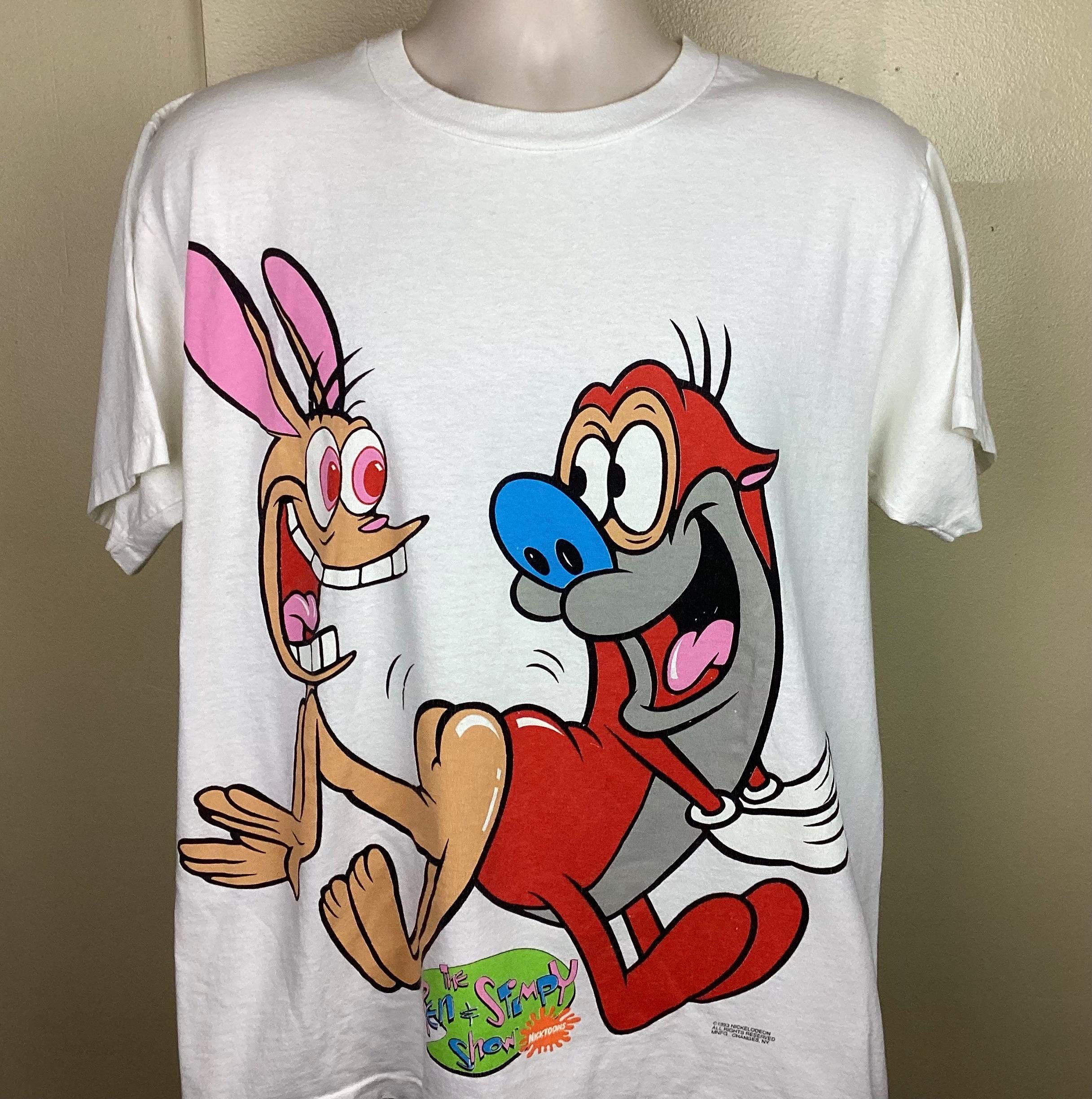 Vtg 1993 Ren & Stimpy Show T-shirt White L 90s Happy Joy