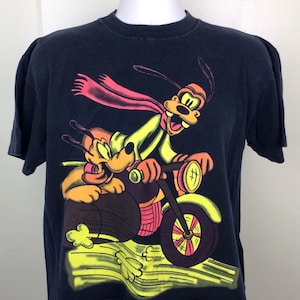 Vtg 90s Disney Goofy Pluto Mickey Mouse T-shirt Black Boxy Fit L