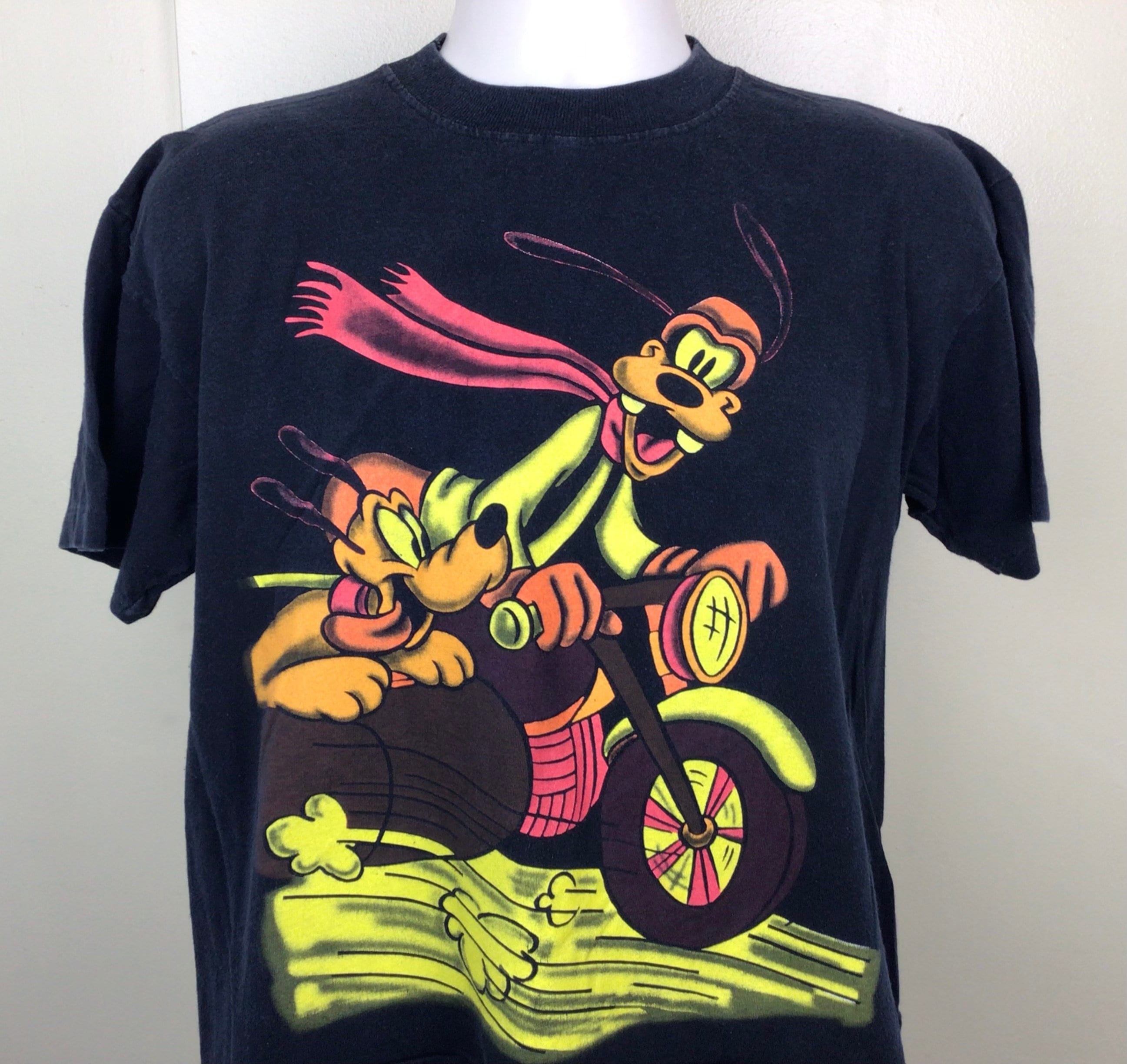 Vtg 90s Disney Goofy Pluto Mickey Mouse T-shirt Black Boxy Fit L