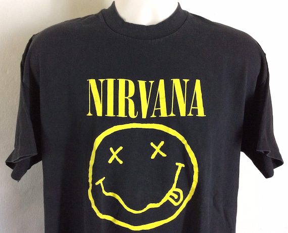 Vtg Early 90s Nirvana Smiley Face T-Shirt Black X… - image 1