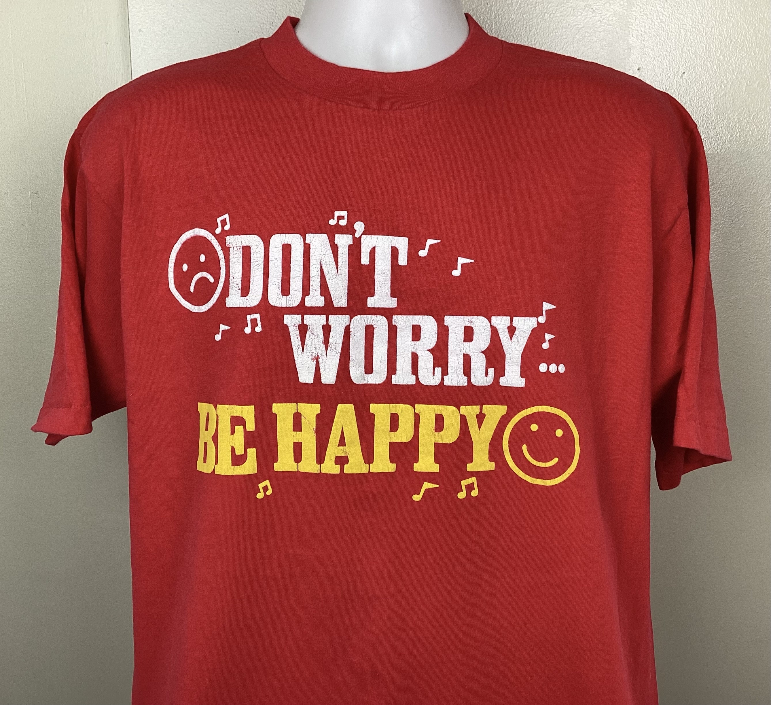 Vtg 80s Don't Worry Be Happy T-shirt Red L/XL Bobby Mcferrin