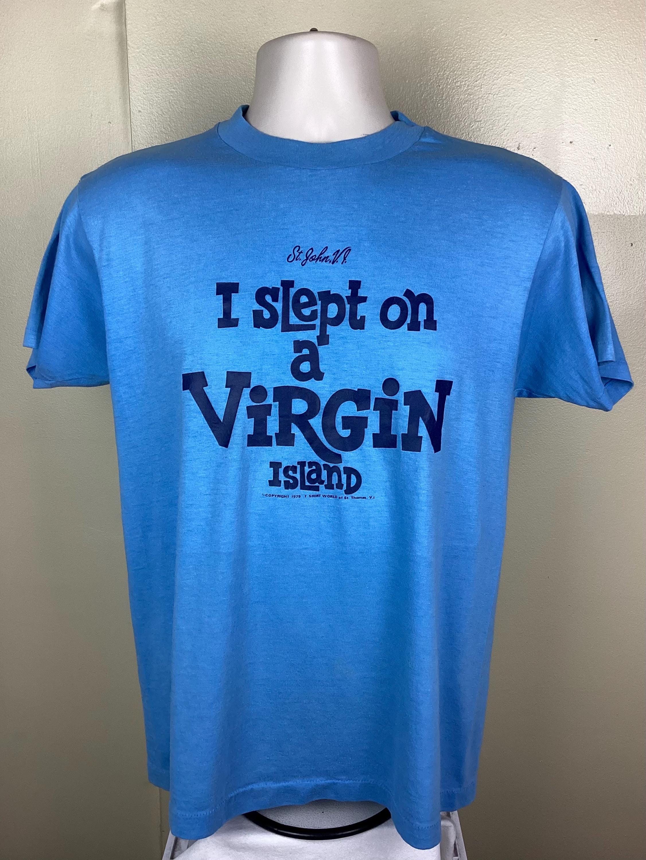 縞柄★藍の大島★USED Vtg 80s I Slept on A Virgin Island T-shirt Blue M/L 1979 St John