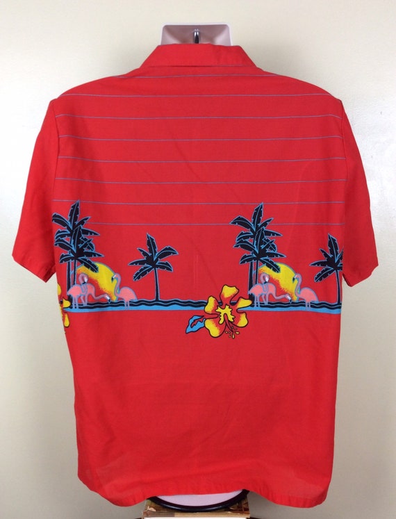 Vtg 80s West Trends Flamingo Sunset Aloha Shirt R… - image 3