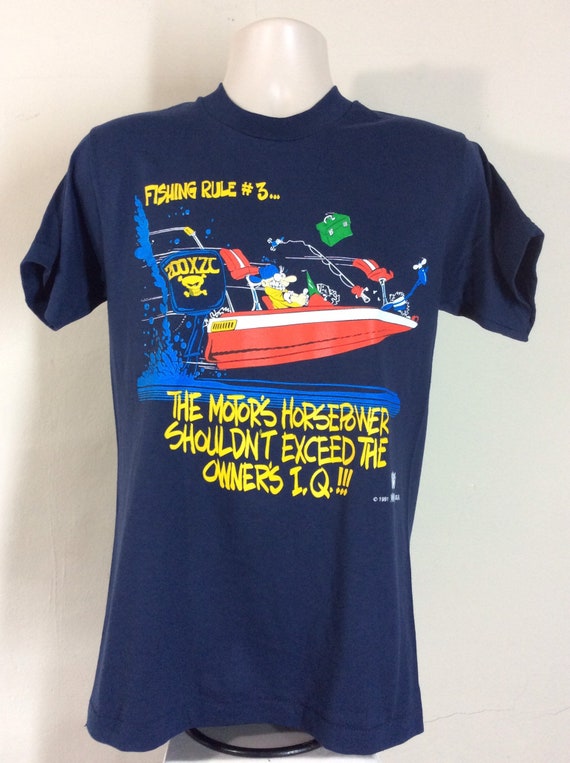 Vtg 1991 Fishing Rules T-Shirt Blue S/M 90s Funny… - image 2