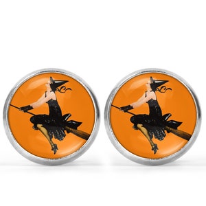 Witch Riding Broomstick Studs | Retro Halloween Earrings | Vintage Orange Halloween Witch Earrings