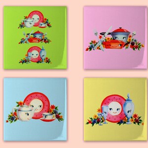 Ceramic Coaster Set, Cute Retro Vintage Coasters Set of 4, Housewarming Gift